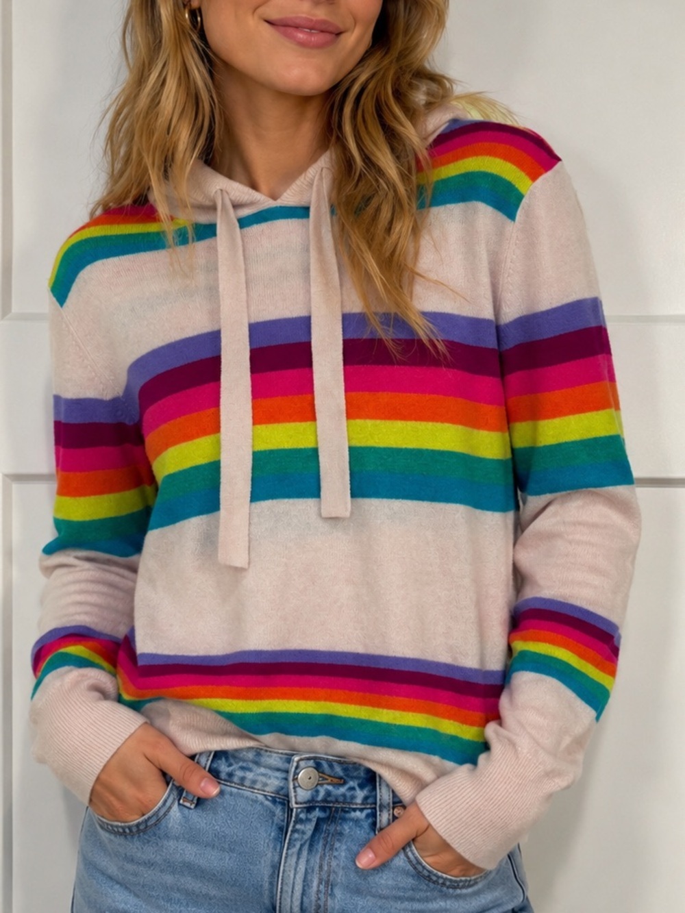 Brodie Cashmere Pastel Pink Rainbow Stripe Hoodie